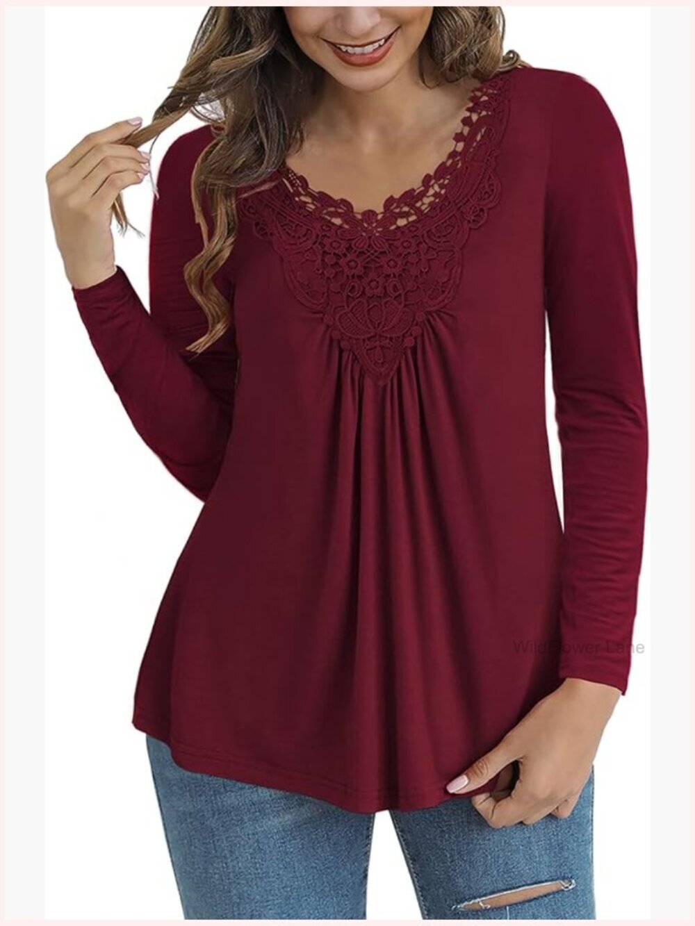 Plus Size Lace Crochet Tunic Top Long Sleeve V-Neck Loose Fit Blouse